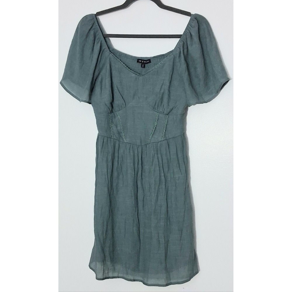 As‎ You Wish Dress Size M Babydoll Green Flowy Sleeves Smocked Back Lined Preown